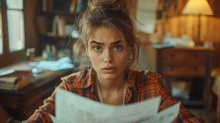 Young woman reading document with intense focus in cozy home office. Messy-haired blonde examining paper with serious expression. Concept of concentration, study, and work-life balance.