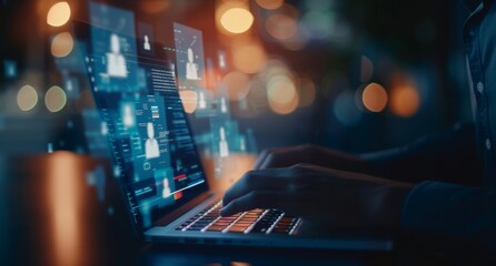 A businessman using a laptop with a digital graphic of customer groups on screen, in the style of a business