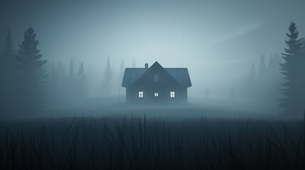 Mysterious foggy night scene with a solitary house in the woods, evoking eerie and suspenseful feelings of isolation and mystery.