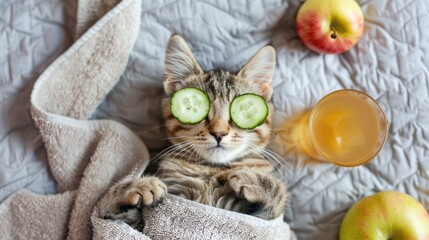 Kitten with towel cucumber on eyes relaxing on bed with apple cocktail Top view Text space available