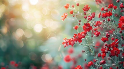 Bright red dried flowers against blurred green garden backdrop simple style with space for text photo frame concept