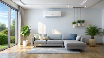 generic air conditioner purifier or AC controller split unit mockup with modern bright Livingroom background