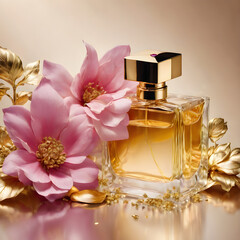 gold bottle of perfume with flower