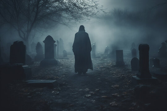 AI generated image of a mysterious dark cemetery at halloween night zombie rising from grave