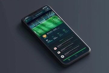 Modern smartphone lying on a surface displaying a football game statistics app interface