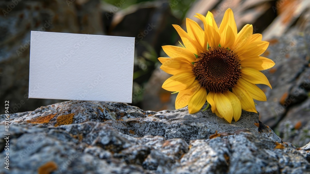 Wall mural Plastic sunflower on white card on stone table