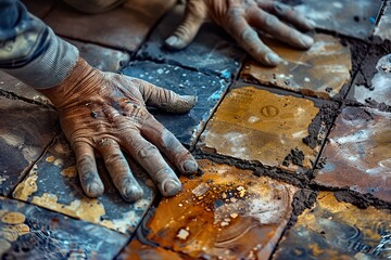 Hands of a Professional Installing Tiles Inside a Home