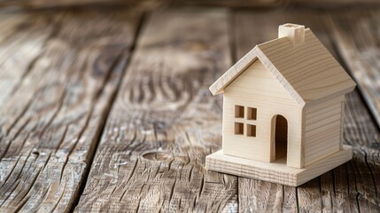 Model house on wooden surface showcasing real estate concept with space for text or design