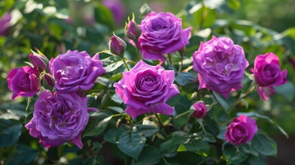 Obraz premium Vivid purple roses on bush under the sun in summer