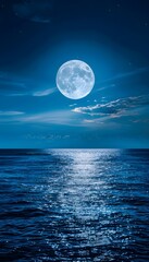 A serene moonlit night over the calm waters of an ocean, with reflections of the full moon on gentle waves.