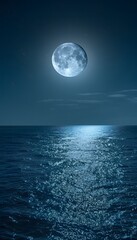 A serene moonlit night over the calm waters of an ocean, with reflections of the full moon on gentle waves.