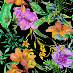 Floral seamless pattern with peonies and tropical flowers and leaves. Seamless botanical wallpaper hand painted in watercolor