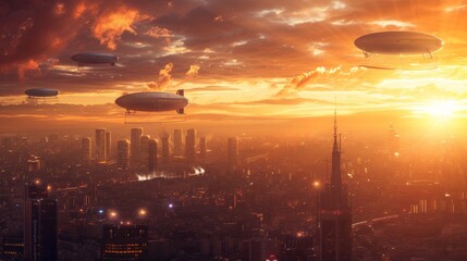 A city skyline at sunset with multiple flying saucers hovering in the sky, A sunset over a bustling cityscape with blimps floating in the sky, AI Generated