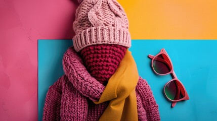 Female accessories with cozy clothing on a colorful backdrop