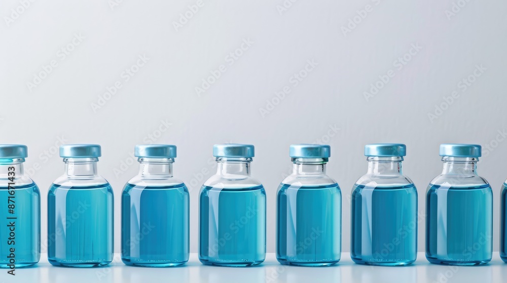 Poster macro image of laboratory bottles with blue liquid on white background plenty of space for text