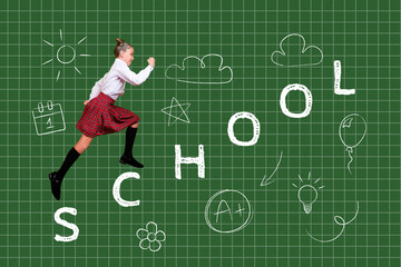Fototapeta premium Composite photo collage of cute blonde girl run checkered board education study knowledge september isolated on painted background
