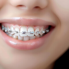 Close-up of a smiling mouth with braces, highlighting dental and orthodontic care for a beautiful straightened smile.