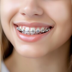 Close-up of a smiling person wearing braces, showcasing dental care and orthodontic treatment with metal brackets.