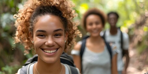 College students embracing the outdoors on a leisurely hike, filled with joy and appreciation for nature. Concept Outdoor Activities, College Life, Hiking, Nature Appreciation, Student Life