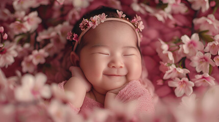 Smiling Baby Surrounded by Pink Flowers