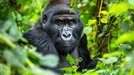Fototapeta premium Gorilla in the wild looking directly at the viewer