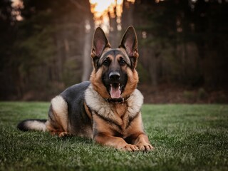 German Shepherd dog lying on grass during sunset