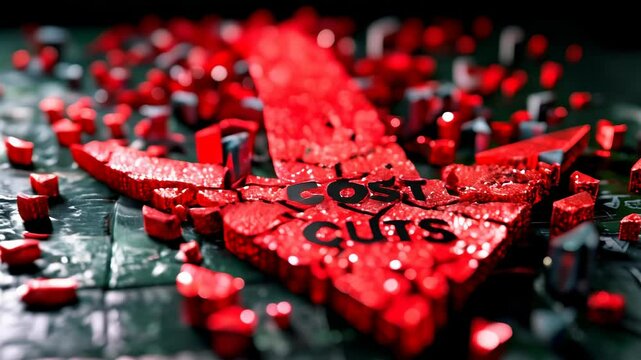 Vibrant Red Arrow Fracturing into Grey Arrows with COST CUTS Text Symbolizing Budget Reduction and Financial Strategy