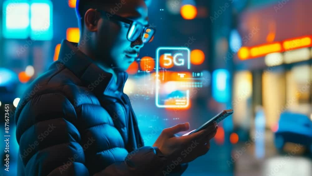 Poster businessman accessing advanced 5g network technology for ultra-fast internet speed at night, symboli