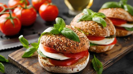 Healthy Italian Caprese sandwiches with fresh ingredients on multigrain bun