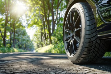 A closeup view of a car wheel on an asphalt road with green trees in the summer sunlight.