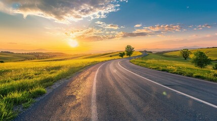 Naklejka premium Landscape of A Road on a Grassland with Sunset View