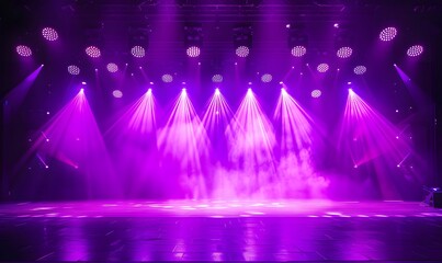 Empty stage with bright purple lights shining down, Generative AI