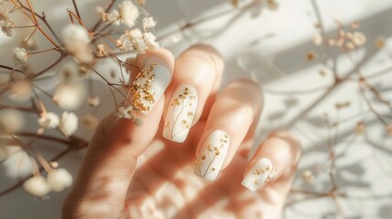 Closeup of Elegant Nail Art with Gold Delicate Flowers