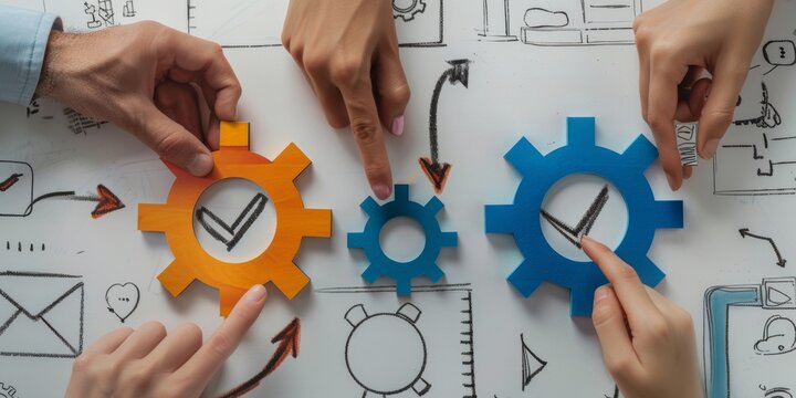 A collage of hands pointing at two gears, one orange and the other blue with check marks on them