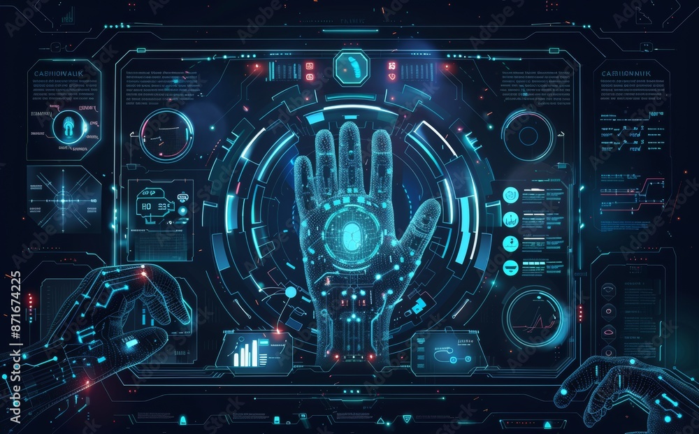 Poster the screen monitor design background template has a futuristic hand scan element which includes a hu
