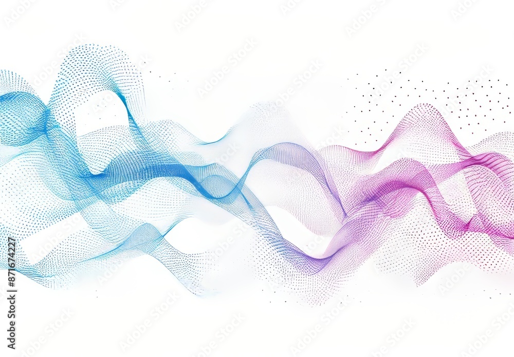 Poster the waves with particles will be shown on a white background with lines of many low poly spheres. as