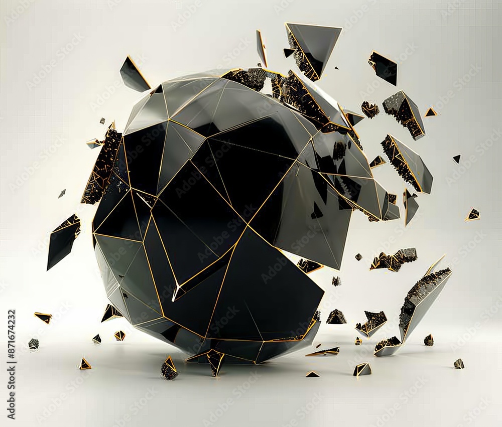 Poster low poly sphere with chaotic structure. sci-fi background with polygonal shape in empty space. futur