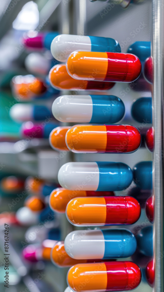 Poster a row of colorful pills are lined up on a shelf