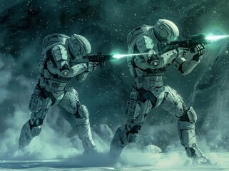 Fototapeta premium The enemy's fire team engages the Space Marines on a mission. 3D rendering.