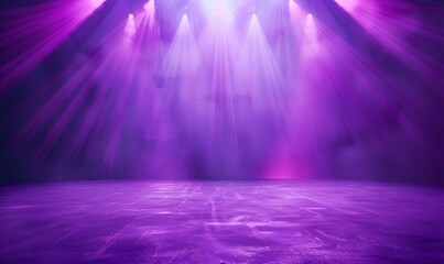 Empty stage with bright purple lights shining down, Generative AI