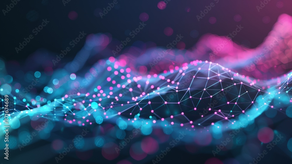 Poster technology abstract illustration with connecting dots and lines on dark background. 3d rendering. bi