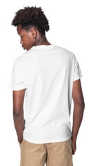 Png teen boy mockup in white tee basic youth apparel shoot rear view