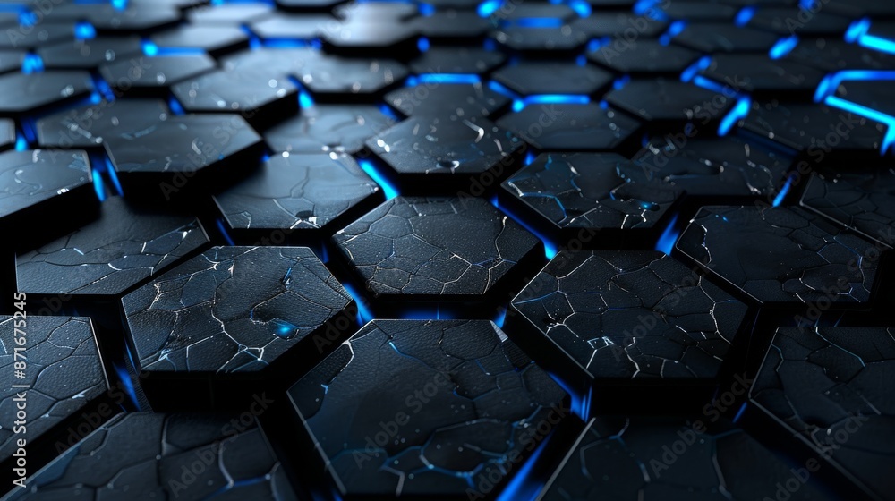 Poster a futuristic and technological concept of a black hexagonal surface.
