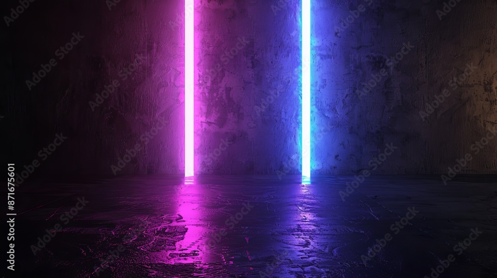 Poster three-dimensional abstract background render with pink and blue neon lights, retrowave and synthwave