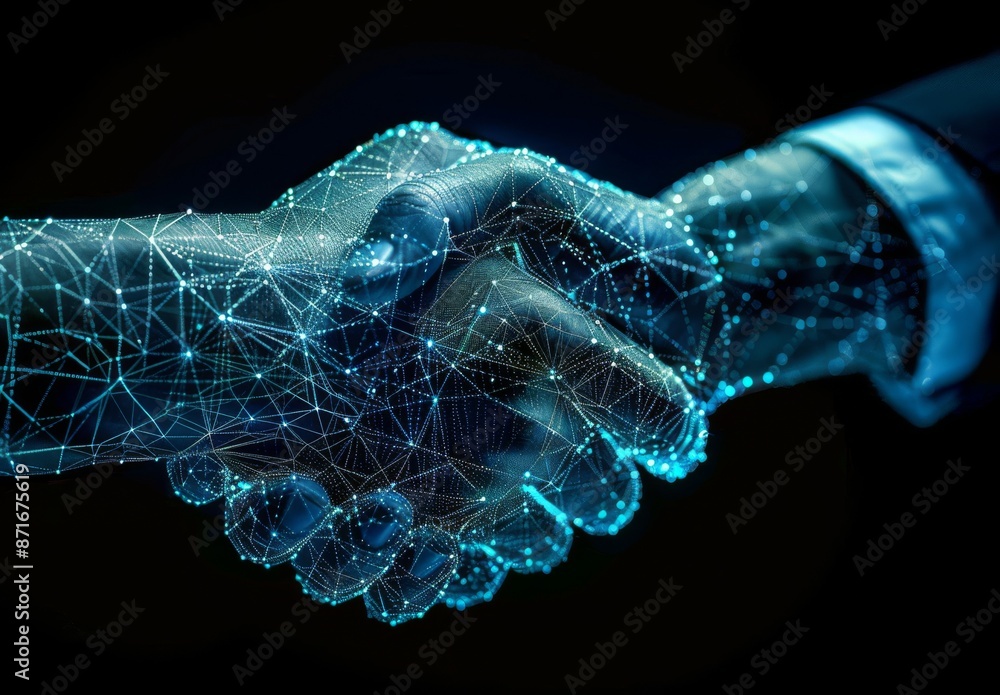 Poster a human handshake with a robot on a blue background with ai, a futuristic digital technology and bus
