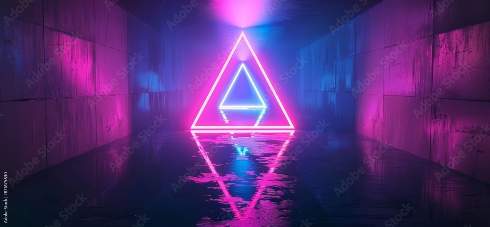 Poster blue and purple neon light shapes on black background with reflective concrete and empty space for t