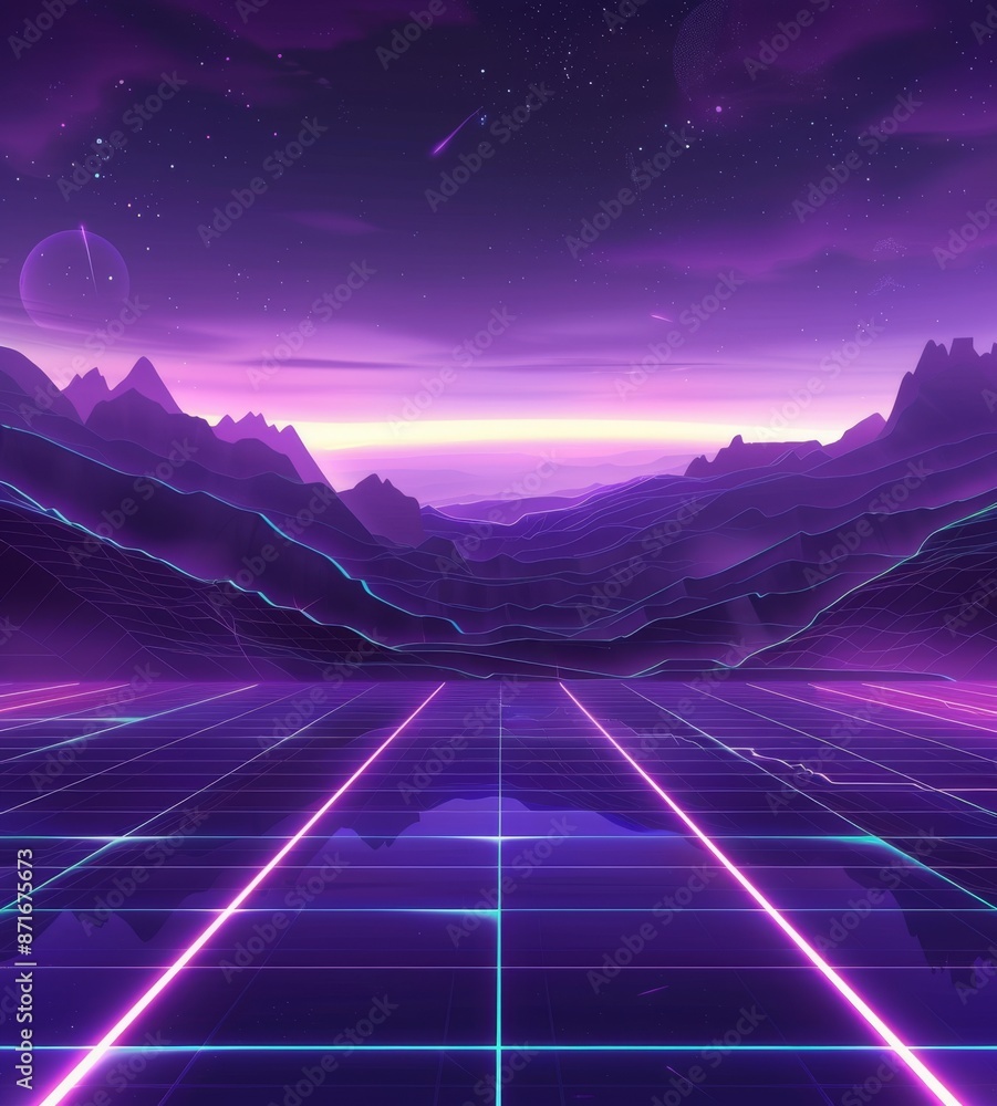 Poster background template showing neon light. retro video games, futuristic design, computer graphics and 