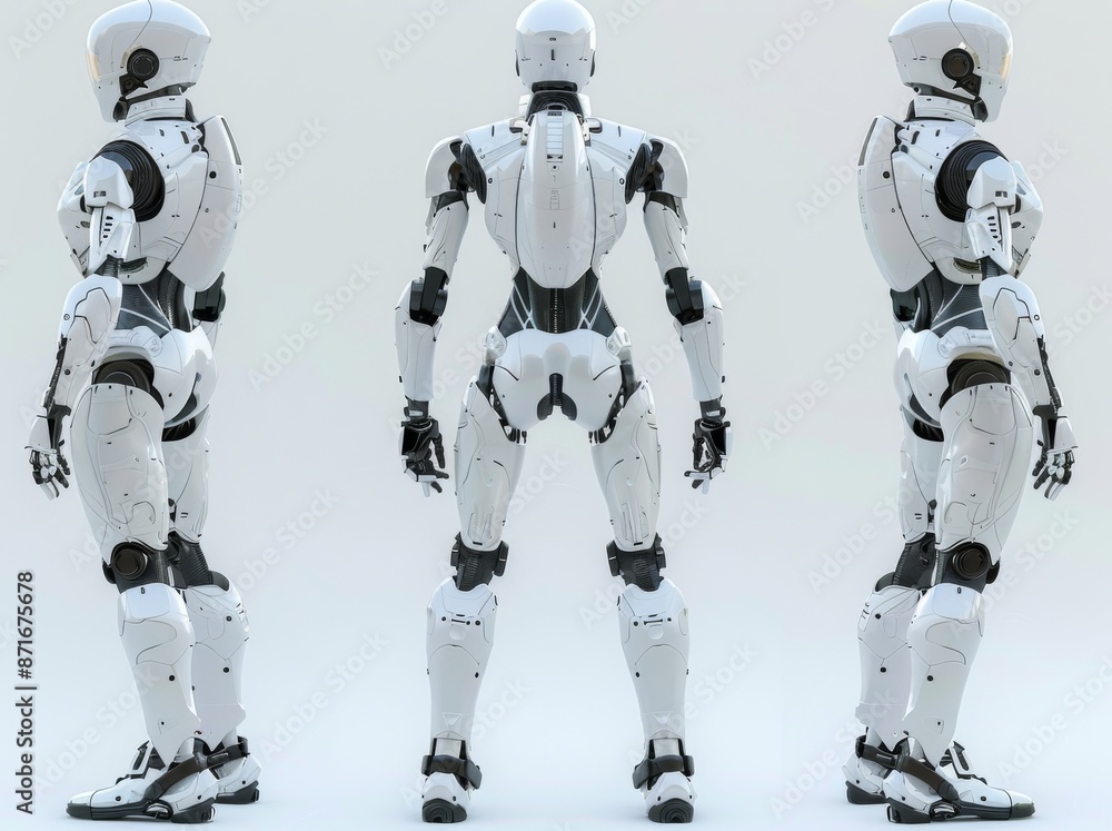 Poster the 3d rendering shows three different angles of a female robot standing.