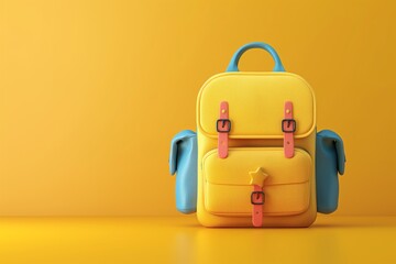 Chic yellow backpack with blue straps and pink buckles, set against a vibrant yellow background