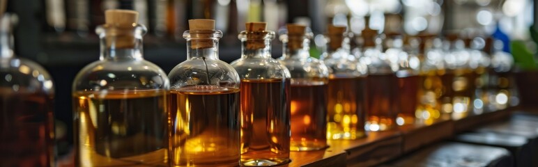 A wooden shelf displays assorted bottles filled with liquids, creating a vintage apothecary arrangement